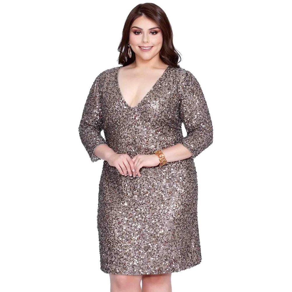 Kurves by Kimi Sequin Cocktail Dress Women 20W Taupe V-Neck 3/4 Sleeve 73122